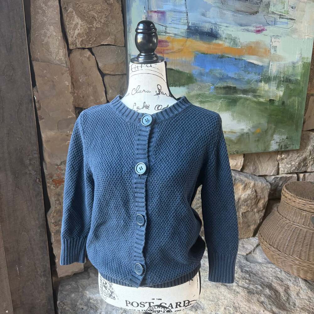L.L.Bean Navy Cotton Button Front Cardigan Sweater Size Medium Textured Knit
